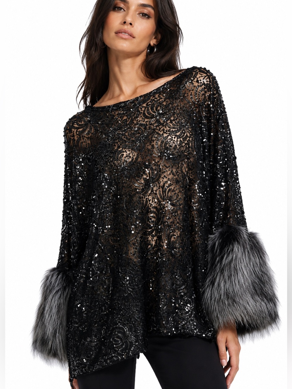 Sequin sheer black lace and genuine fur cuff oversize tunic shirt dress
